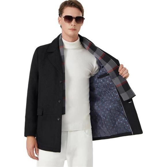 Mens Wool Blend Coat Winter Trench Coat with Detachable Soft Scarf Overcoat - Picture 7 of 8
